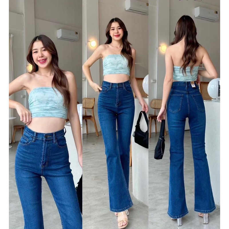 #YA9665 กางเกงยีนส์ขาม้าเอวสูง ผ้ายืด สีเข้ม กระชับทรงสวยใส่สบาย