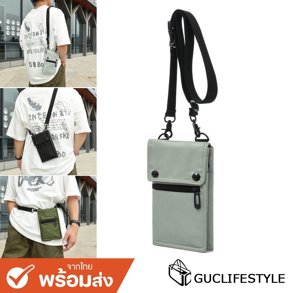 GUCSELECTED(B1773) กระเป๋าสะพายข้างผ้าไนล่อน ใส่โทรศัพท์ได้มีหลายช่อง+สายคล้องเป็นเหล็ก