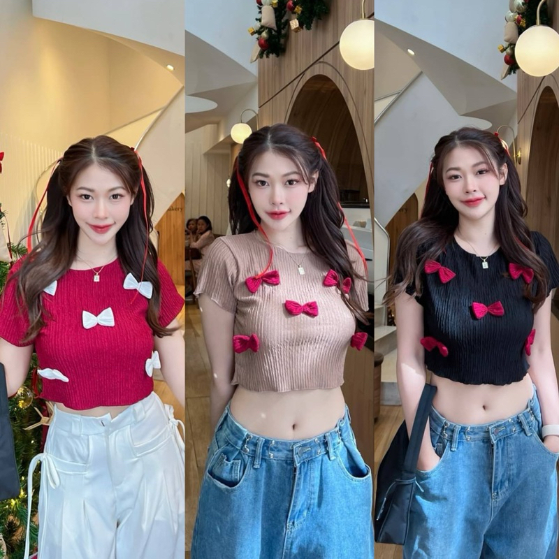 เสื้อครอปคอกลม เสื้อ crop รุ่น Bora Bow5 ผ้ายืดหยุ่นใส่สบาย สาวอวบใส่ได้