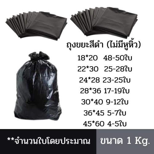ถุงขยะสีดำ คุณภาพดี มีหลายขนาด หนา เหนียว บรรจุแพ็คละ 1กิโลกรัม ไม่มีหูหิ้ว ใช้ในโรงพยาบาล
