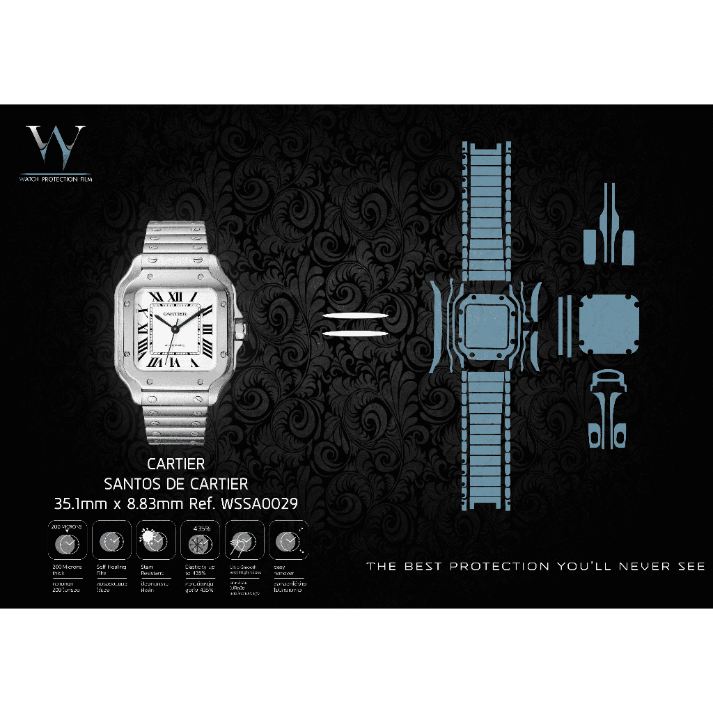ฟิล์มกันรอยนาฬิกา Watch Protection Film รุ่น Cartier Santos De Cartire 35.1mm x 8.83mm Ref.WSSA0029