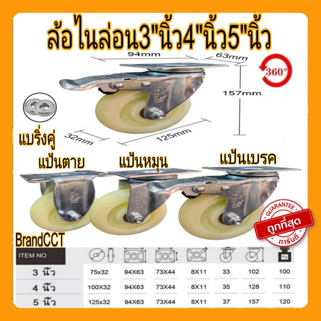 ล้อไนล่อน ลูกล้อ ล้อNylon ล้อไนล่อนแบริ่ง ล้อรถเข็น ขนาด 3นิ้ว 4นิ้ว 5นิ้ว (แป้นS)