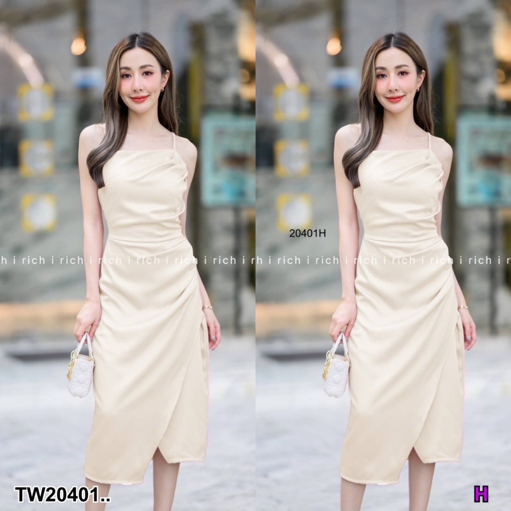 TwinsShopVip💗พร้อมส่ง TW20401 เดรสสายเดี่ยว ยาวคลุมเข่า เย็บจีบย่น .. - รูปที่ 2