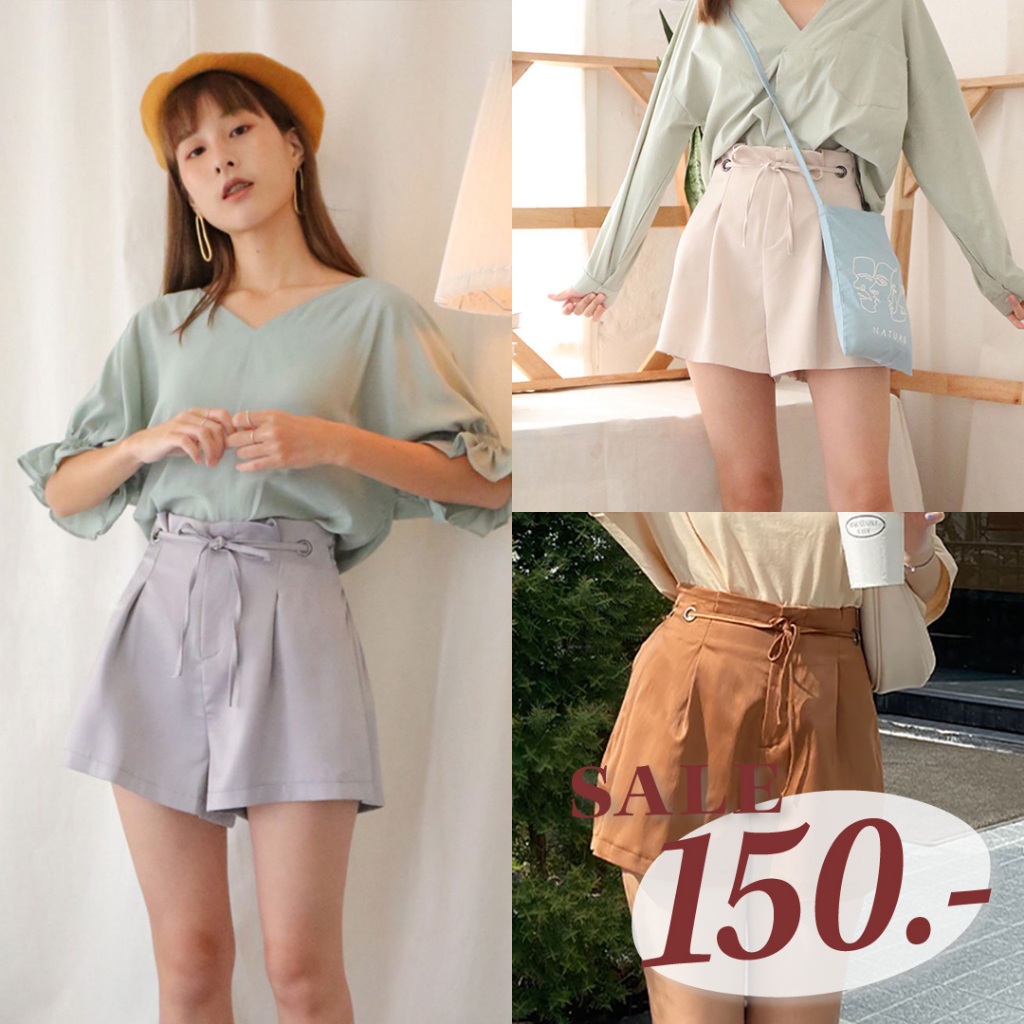 ลด 𝟲𝟬.-พิมพ์ NTBCTT nature.bkk - PT1830 Chicky short กางเกงขาสั้นผูกเอวตาไก่