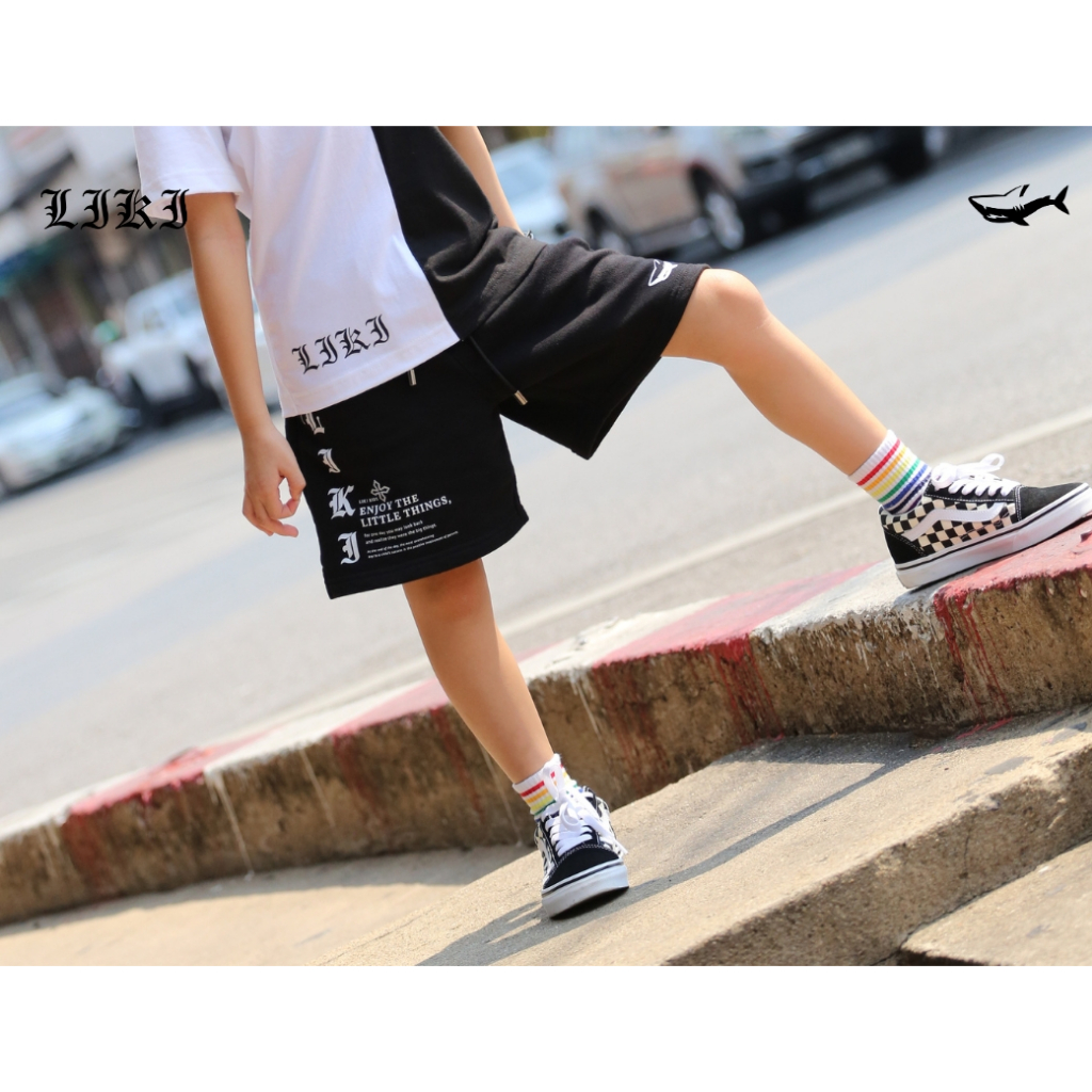 กางเกงขาสั้นเด็ก LIKI KIDS X SHORT PANTS BLACK&WHITE เท่ห์ๆ ผ้านุ่มใส่สบาย เอวยางยืด ระบายอากาศดี