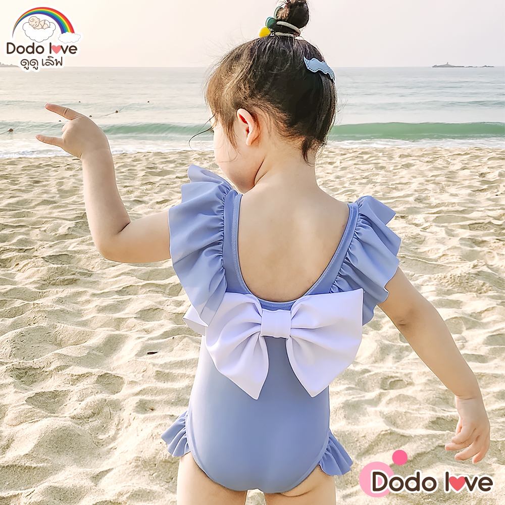 DODOLOVE ชุดว่ายน้ำเด็กผู้หญิงแขนกุด มีโบว์  ชุดว่ายน้ำ ทรงบิกินี่พร้อมหมวก ผ้ายืดหยุ่นใส่สบาย - รูปที่ 3