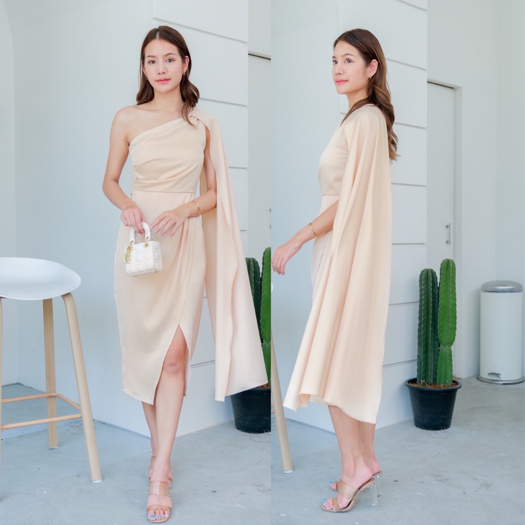 [LUXURY707]LX2203 : Midi dress เดรสบ่าเดี่ยวแต่งสไบ ผ้าซาติน