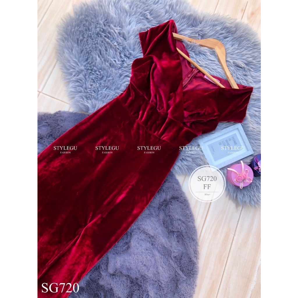 ML720  เดรสยาวออกงาน #ชุดราตรี  #ชุดออกงาน  งานผ้ากำมะหยี่ ยืดอย่างดี แต่งซิปซ่อนด้านหลัง - รูปที่ 6