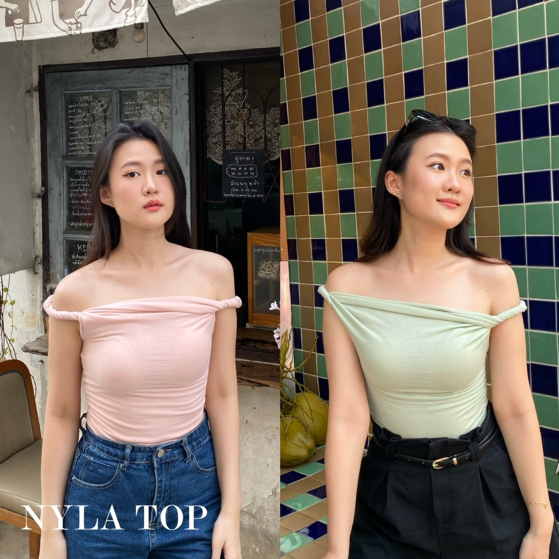 NYLA TOP เสื้อปาดไหล่สาวคาเฟ่ดีเทลขอบม้วนเกลียว