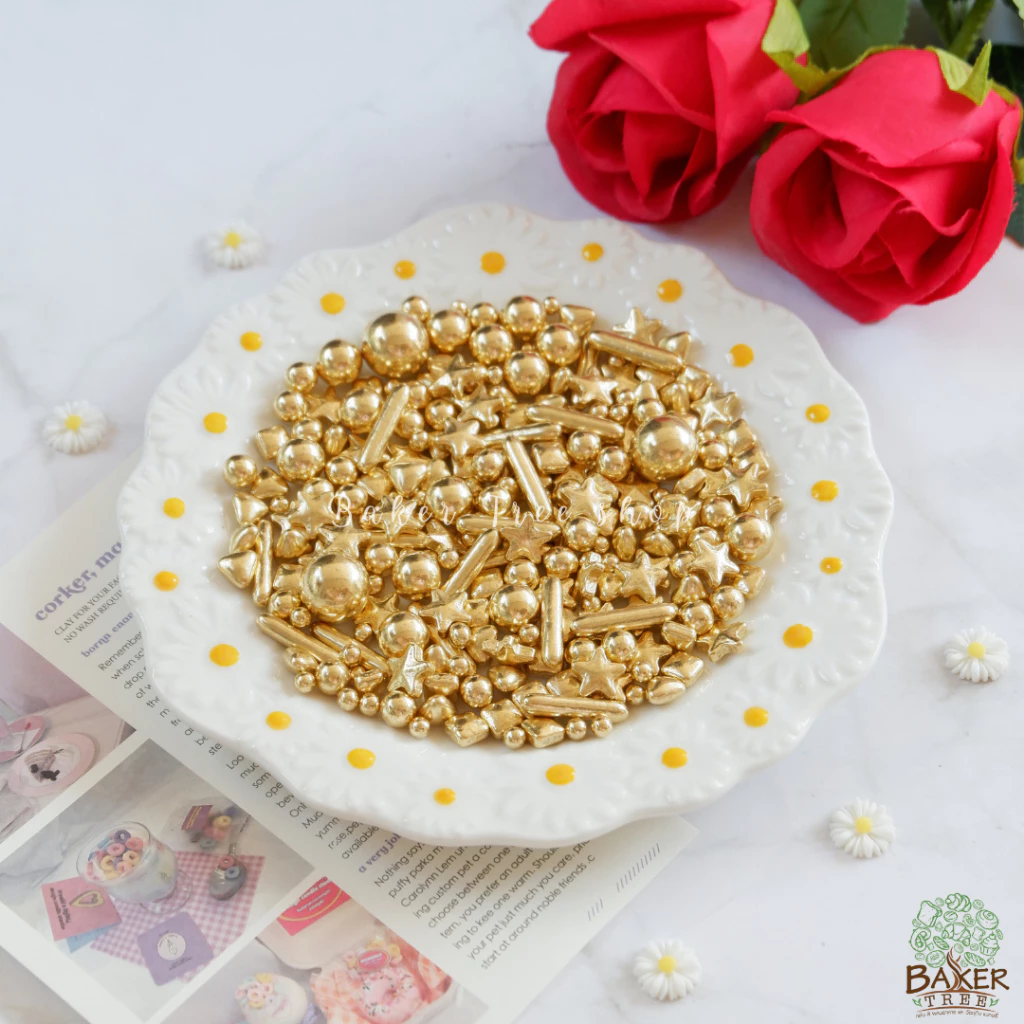 Baker Tree เม็ดมุกน้ำตาลสีทองเงาวาวแต่งเค้ก คัพเค้ก เบเกอรี่ 25/50/100 กรัม ราคาถูก Sugar Sprinkles