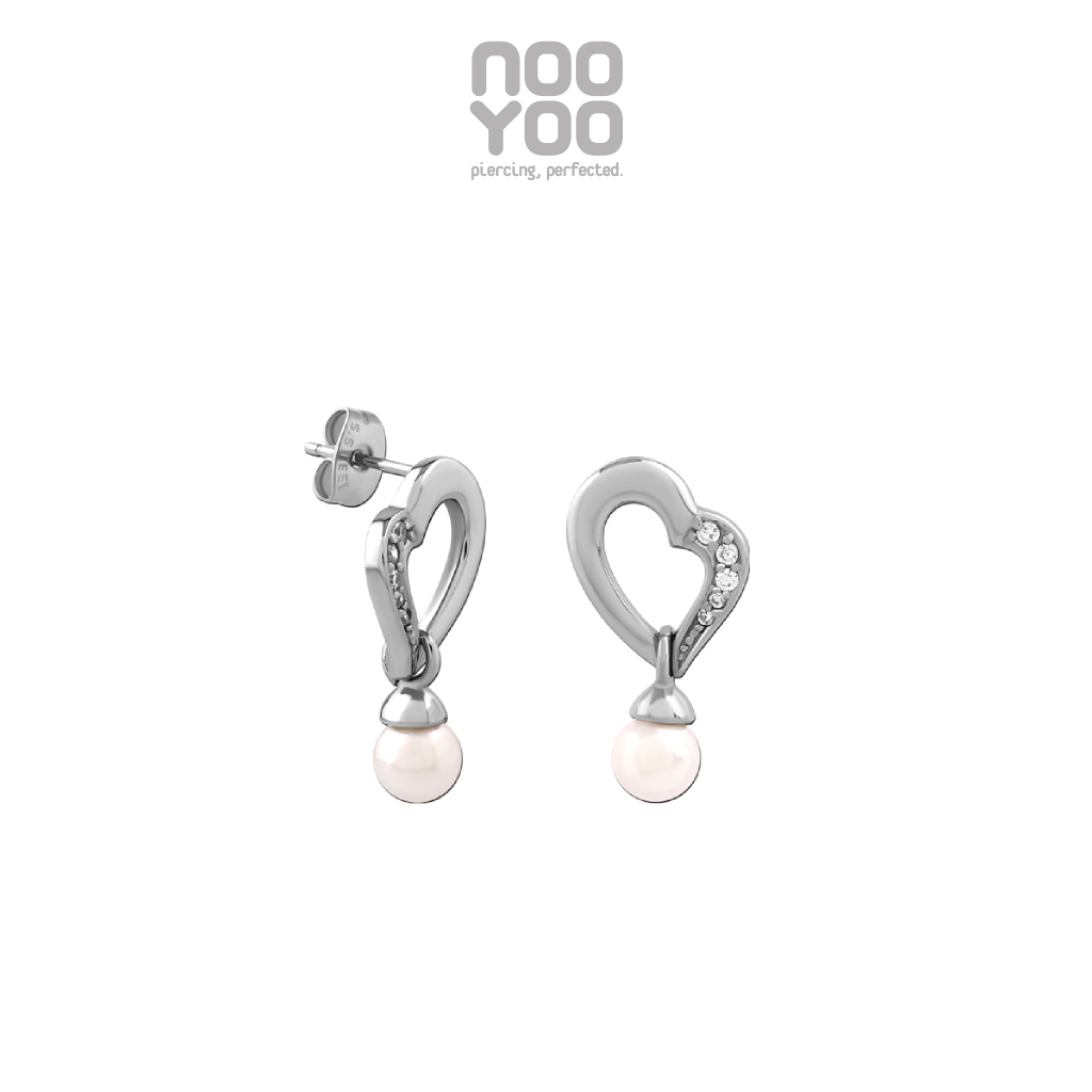NooYoo ต่างหูสำหรับผิวแพ้ง่าย HEART PEARL Dangle with Crystal Surgical Steel
