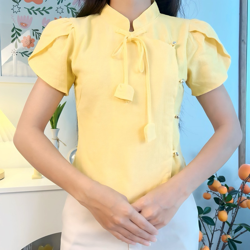 เสื้อผ้าฝ้ายคอจีน แขนกลีบบัว มีเชือกผูก