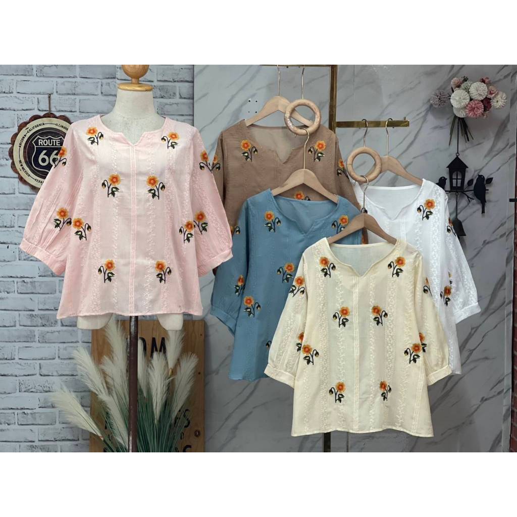 ช257//เสื้อคอวีแขนยาวปักดอกไม้ส้มผ้าป่านปักฉลุ ฟรีไซ38-46นิ้ว ยาว25นิ้ว หน้าผ้า46นิ้ว ราคา209บาท