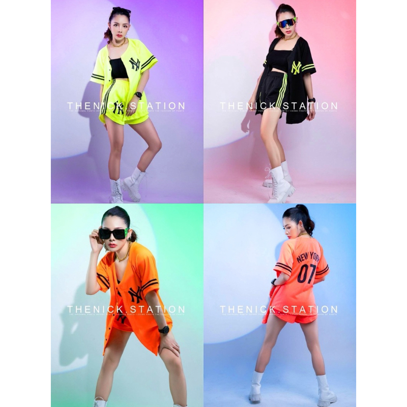 ชุดเซ็ท สวยเท่เกร๋ๆ เสื้อเต็มตัวสไตล์เบสบอล ใส่คู่กางเกงขาสั้นคือดี สีสันเรืองแสงแสบตาสุดๆ