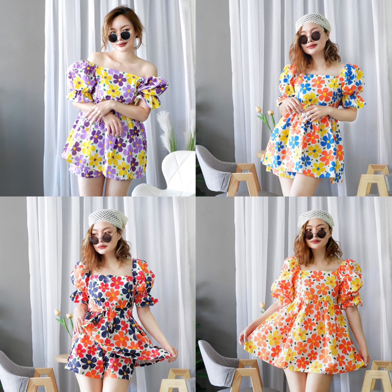 ชุดเซ็ท เสื้อลายดอกปีใหม่สม้อคหลัง+กางเกงขาสั้น