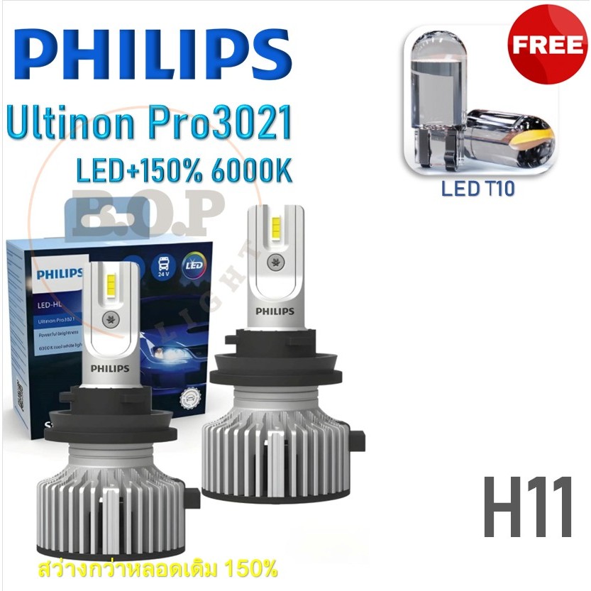 Philips หลอดไฟหน้ารถยนต์ Ultinon Pro3021 Gen3 LED+150% 6000K (12/24V) H11 แถม LED T10 กล่อง/2 หลอด รับประกัน 1 ปี