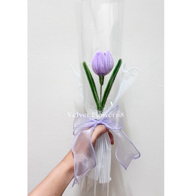 (พร้อมส่ง) ดอกทิวลิปสีม่วง ช่อดอกไม้ประดิษฐ์ลวดกำมะหยี่ โทนพาสเทล