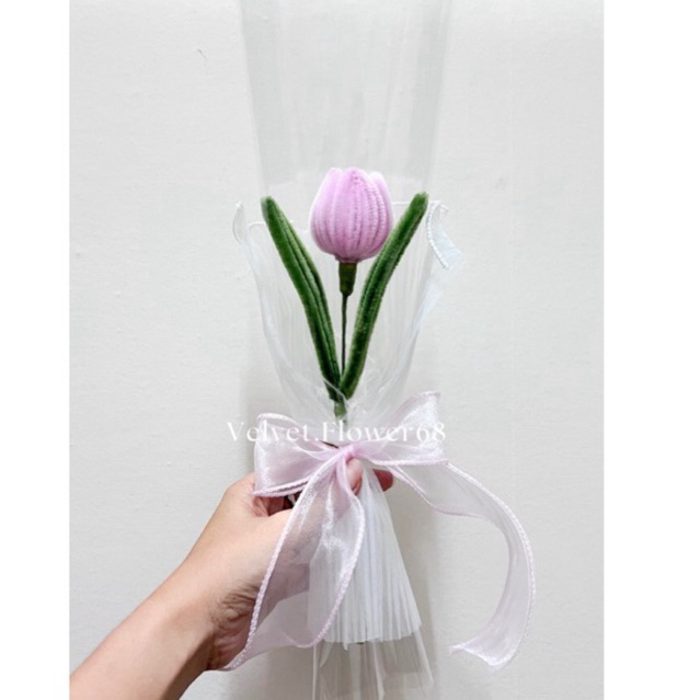 (พร้อมส่ง) ดอกทิวลิปสีชมพู ช่อดอกไม้ประดิษฐ์ลวดกำมะหยี่ โทนพาสเทล