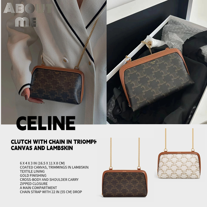 👜 เซลีน Celine Logo Print Lambskin Chain Clutch กระเป๋าผู้หญิง Shell Classic Celine women's crossbody bag