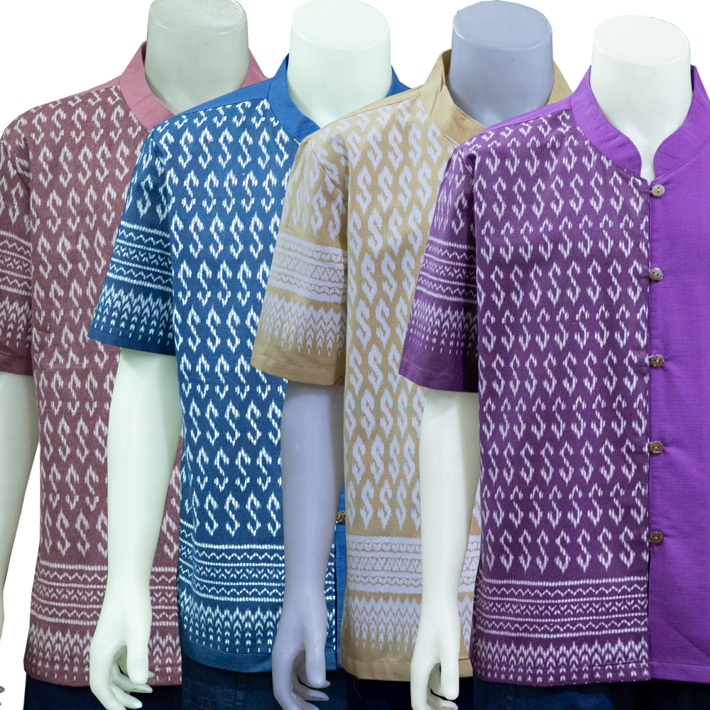 ( ม่อฮ่อมแพร่ ) เสื้อผ้าฝ้าย ลายขอ คอจีน แขนสั้น ชาย (ชมพูกลีบบัว,ม่วง,ฟ้า)