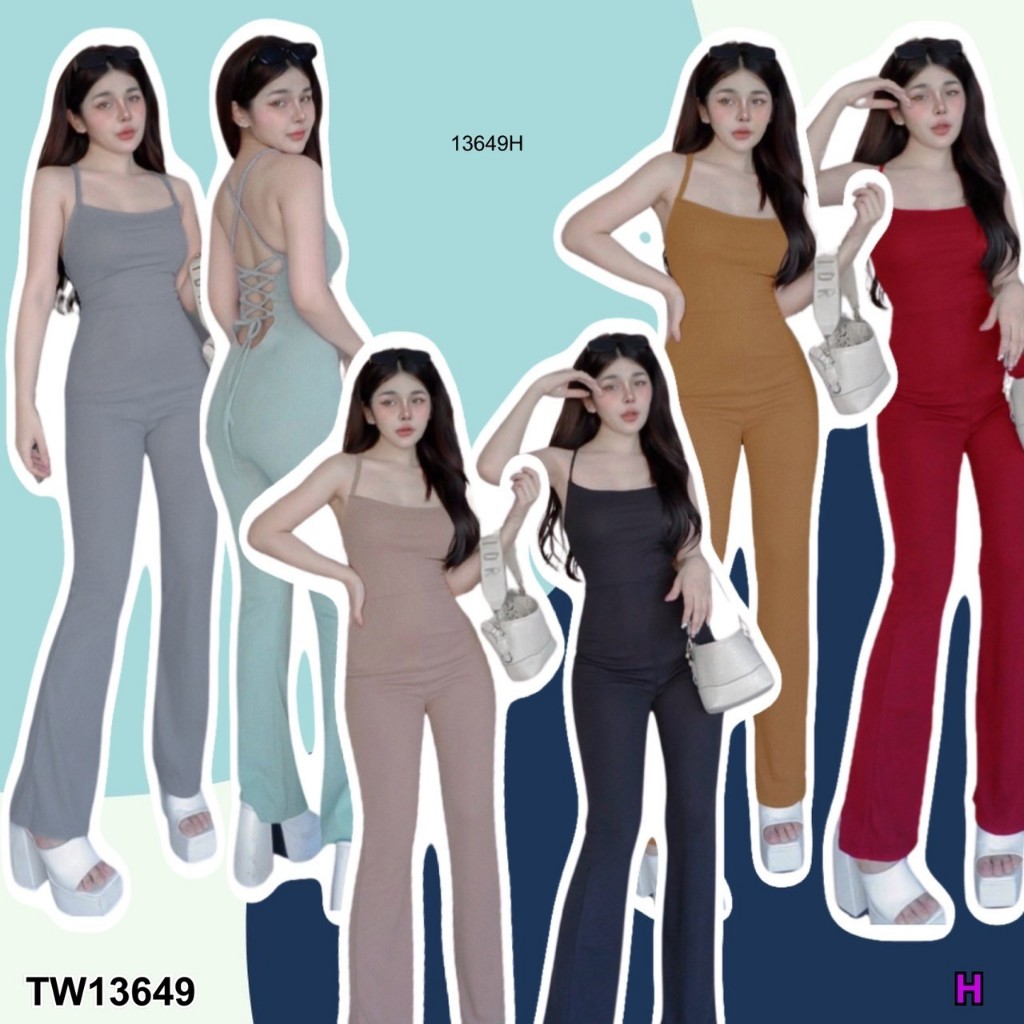 TwinsShopVip พร้อมส่ง TW13649 จั้มสูทสายเดี่ยวไขว้หลังขายาว