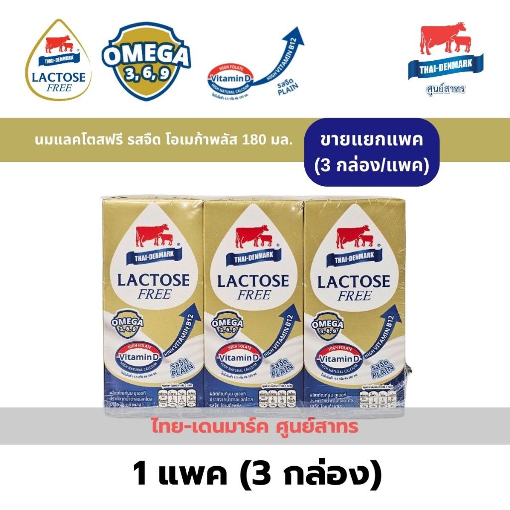 ใหม่!!! (แพคเล็ก) ไทย-เดนมาร์ค นมแลคโตสฟรี เสริมโอเมก้าพลัส 180 ml / Lactose Free Omega 3 Boxes/Pack