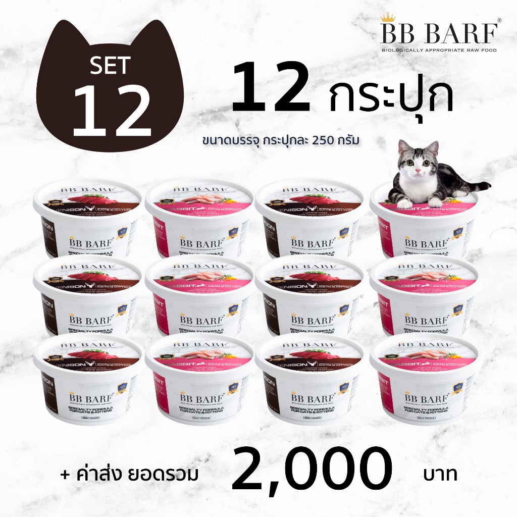 สูตรกระต่าย สูตรกวาง สูตรนกกระทา อาหารบาร์ฟ BB BARF Hunter อาหารสดดิบแช่แข็งสำหรับแมว 12 กระปุก