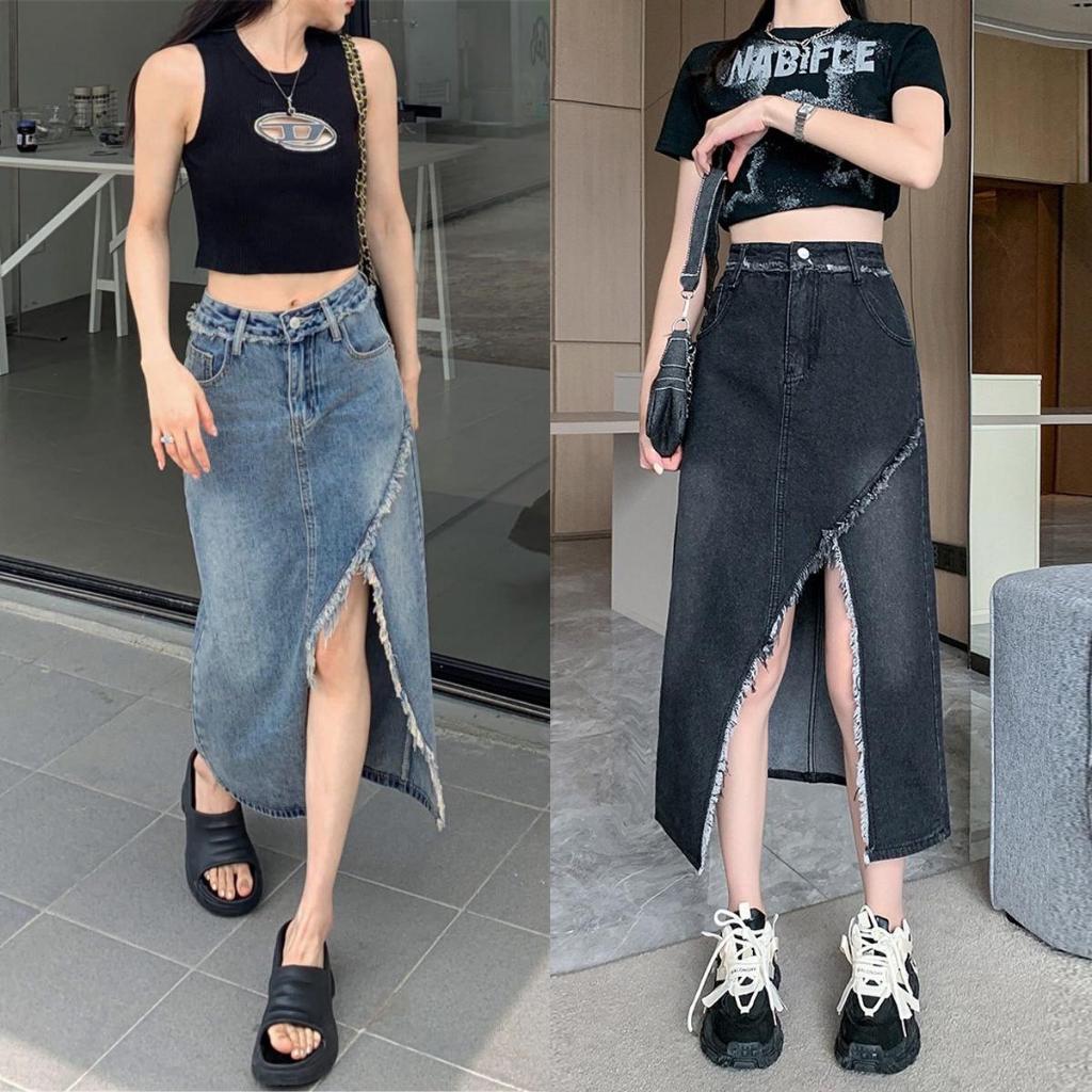 XS-5XL กระโปรงยีนส์ยาว ผ่าข้าง แต่งรุ่ย สไตล์เกาหลี