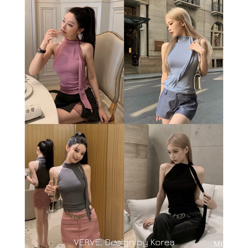 M10 Verve เสื้อแขนกุดไหล่ล้ำคอผูกเก๋ๆ ผ้าเนื้อดีนิ่มลื่นยืดหยุ่นเข้ารูป สำหรับผู้หญิง เสื้อผ้าแฟชั่น