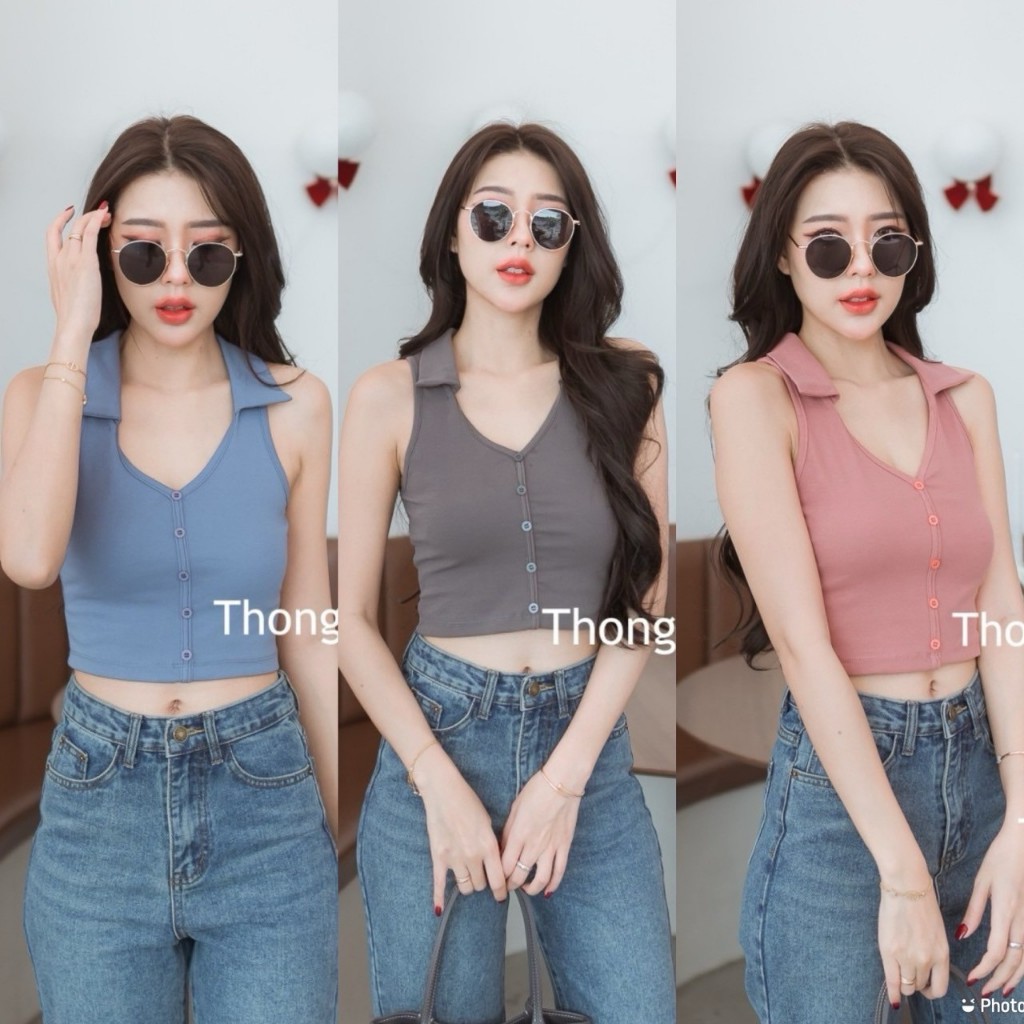 ♥ เสื้อครอป คอปก แต่งกระดุม ผ้ายูนิโคล่ เสื้อผ้าผู้หญิง นิ่มมาก ทรงเก๋ๆ 🅰 TGL