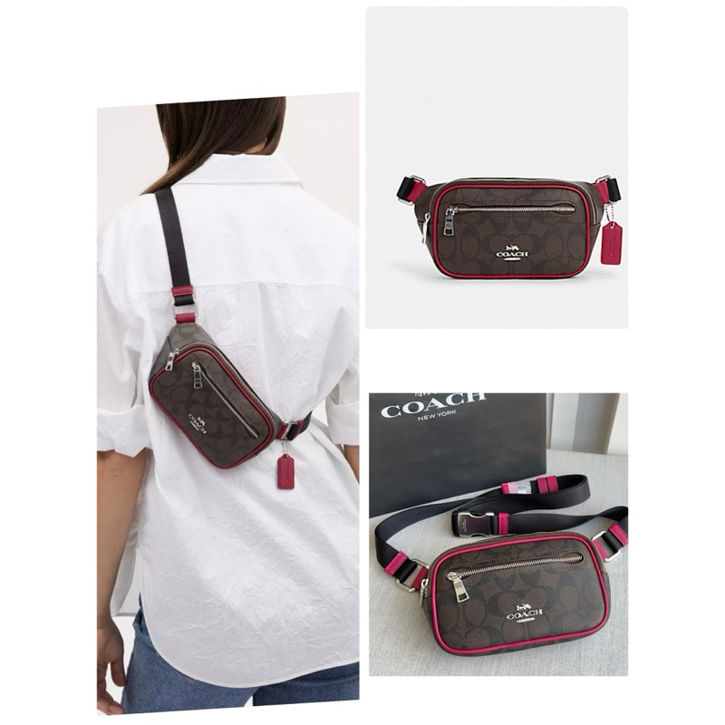 COACH CN503 Mini Belt Bag In Signature Canvas กระเป๋าคาดอก คาดเอว ลายซีสีน้ำตาลเข้ม ชมพู 8 นิ้ว