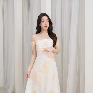 Pirunya - Long Dress 15 เดรสยาว เกาะอก แขนกุด แต่งจีบที่อก (ผ้าพิมพ์ลาย)