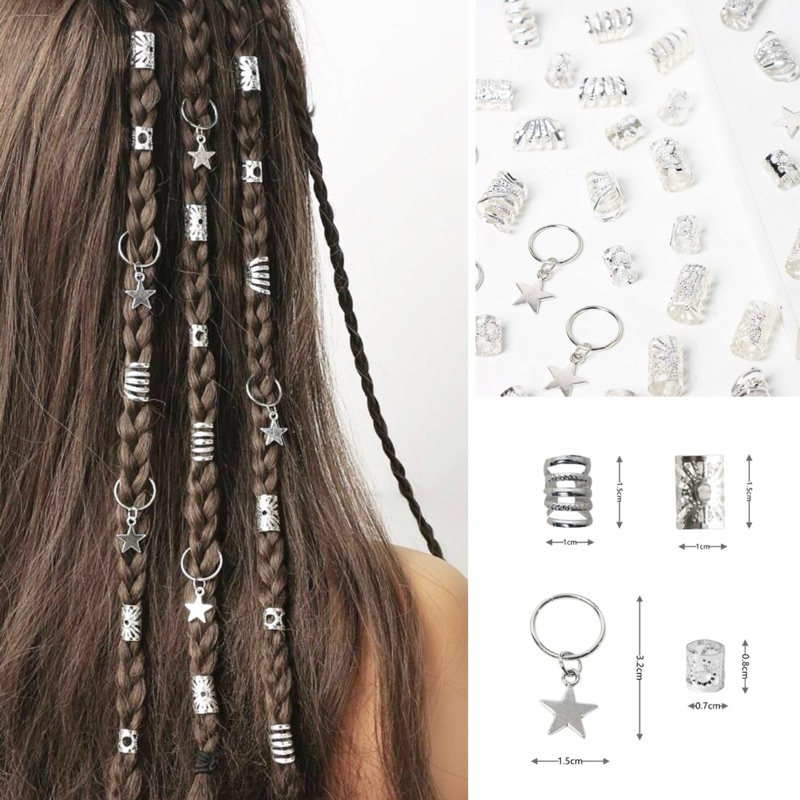 กิ๊บลูกปัด ห่วงแต่งผม ตัวหนีบแต่งผม ห่วงจี้ดาว+หนีบคละแบบ สีเงิน 35 ชิ้น พร้อมส่ง! (#P3-7635)