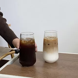 แก้วใสลายตรง แก้วกาแฟ ทรงกลม ทนความร้อน สีโปร่งใส แบบเรียบง่าย 500ml
