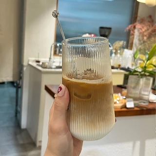 แก้วใสลายตรง แก้วกาแฟ ทรงกลม ทนความร้อน สีโปร่งใส แบบเรียบง่าย 500ml