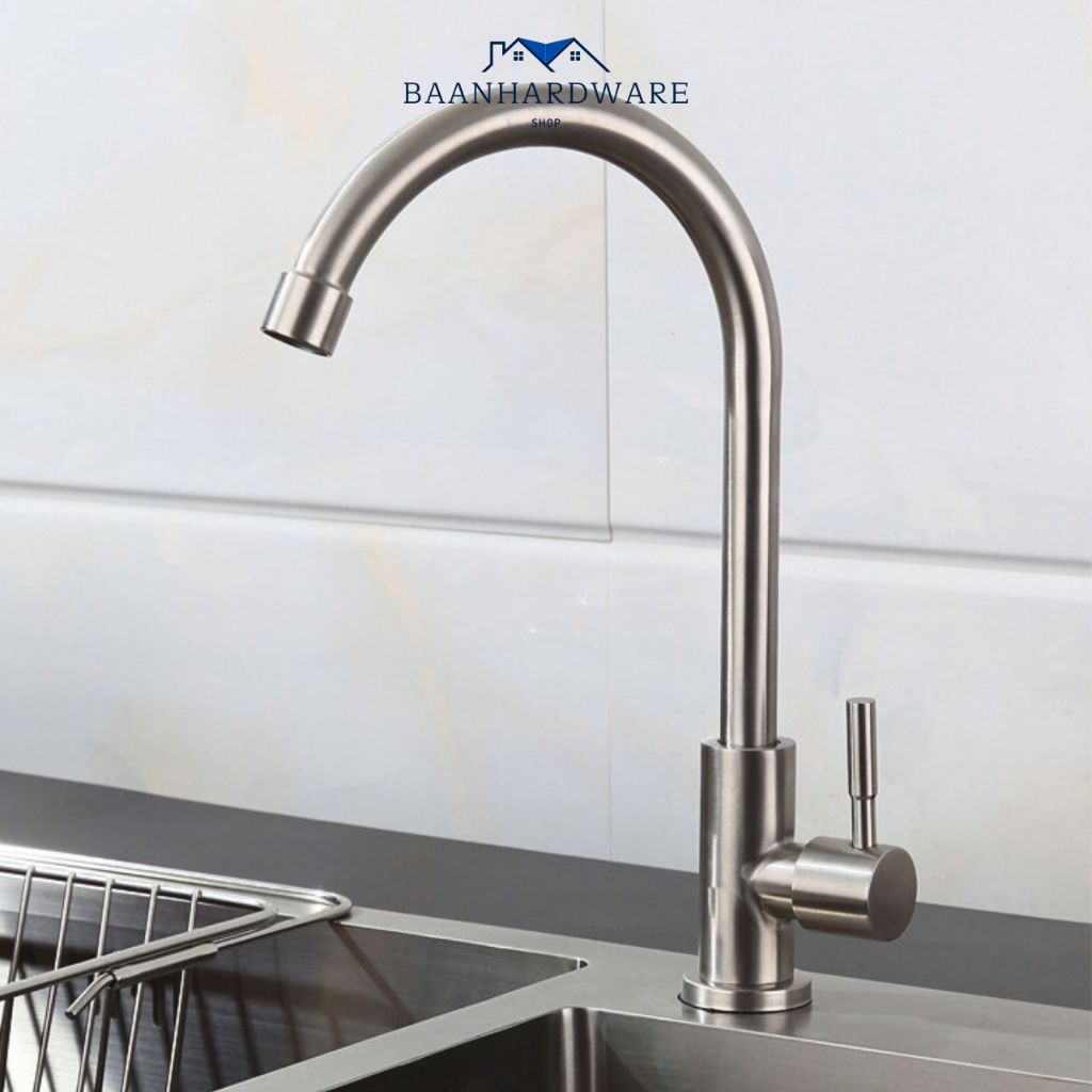 BAANHARDWARE ก๊อกซิงค์อ่างล้างจาน คอโค้ง สแตนเลส304 ไม่เป็นสนิม หมุน 360 องศา MA-B-507S