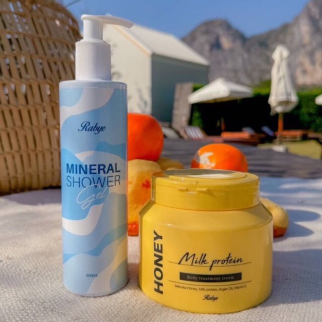Rabye คู่ผิวสวย mineral shower gel +Honey milk protein ผดผื่นแพ้คัน รอยดำจางไว ขนคุดหาย