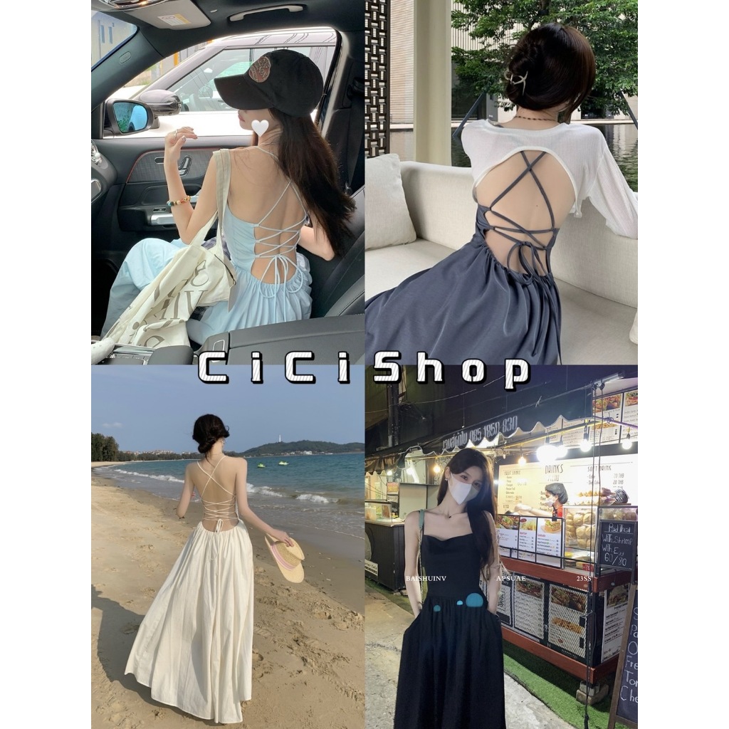 Cicishop(3213)ชุดเดรสยาวสายเดี่ยว เว้าหลัง ดีเทลสายพันด้านหลัง ผ้าพริ้วใส่สบาย สไตล์สาวเซ็กซี่