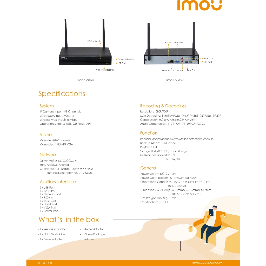 IMOU Smart Wifi Security Kit ชุดกล้องวงจรปิดไร้สาย กล้อง Bulltet 2C 4ตัว+NVR 8Ch รุ่น NVR1108HS-W-S2 1ตัว
