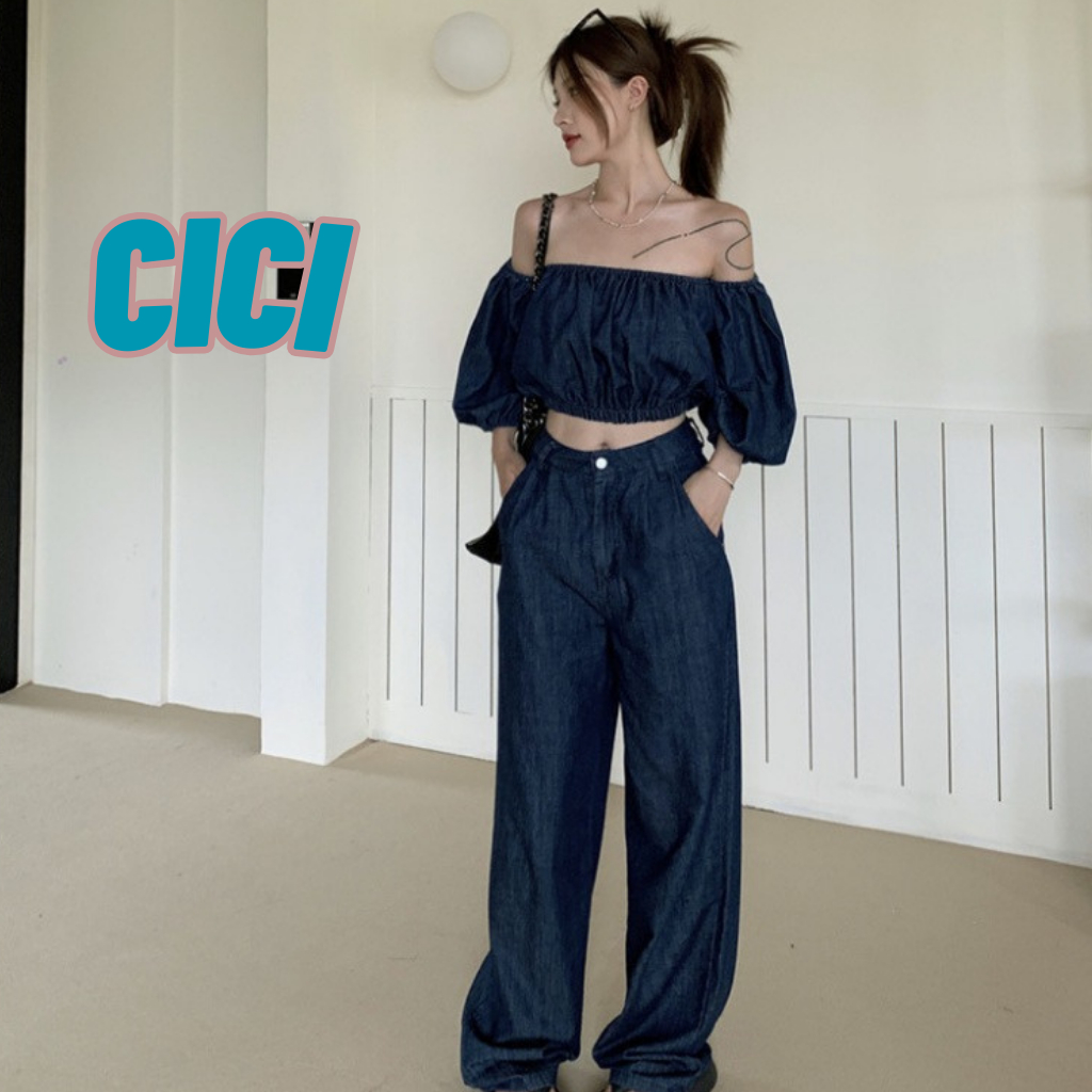 ส่งทันที Cici(NO. 3210)SET2ชิ้น เสื้อปาดไหล่สม็อกรอบตัว+กางเกงขายาวสม็อกหลัง ผ้ายีนส์ ทรงสวย สไตล์เกาหลี