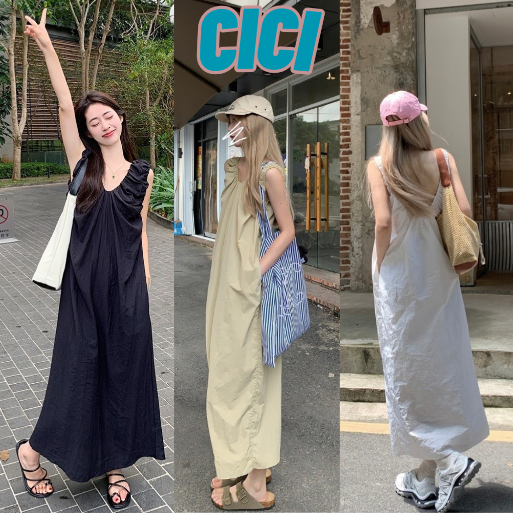 Cici(NO.3211)ชุดเดรสยาว ผ้าคอตตอน จั๊มช่วงอก ใส่สบาย มีกระเป๋าด้านข้าง สไตล์เกาหลี