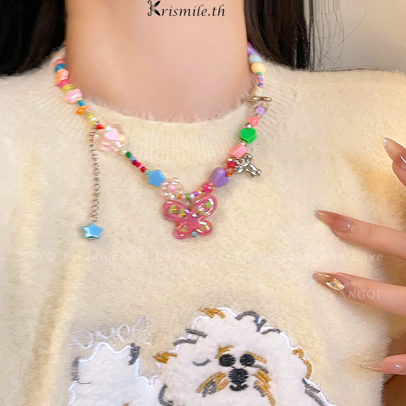COD-ในไทย💖สร้อยคอ จี้น่ารักรูปผีเสื้อ ที่มีสีสันลูกปัด การออกแบบ Dopamine y2kสไตล์เกาหลี นักเรียนสำห