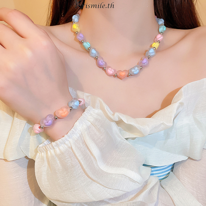 COD-ในไทย สร้อยคอ/สร้อยข้อมือสีแคนดี้รูปหัวใจประดับลูกปัดน่ารักหวานการออกแบบDopamineนักเรียนสำหรับผู้หญิงเหมาะกับของขวัญ