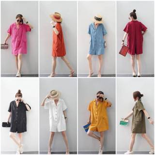 📌จั๊มสูทขาสั้น ผ้าลินินผสมฝ้าย ทรงปกเชิ้ต มีกระดุมหน้าใส่ง่า…