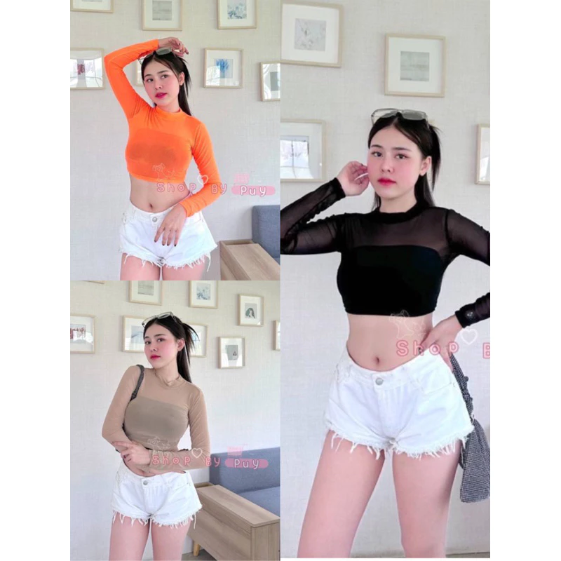 💕ShopBypuy💕เสื้อครอปซีทรูแขนยาว🔥เข้าครบสี🔥