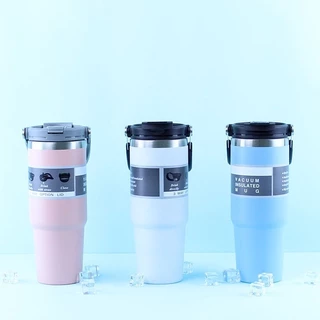 BI[ลูกค้าใหม่1฿]แก้วสแตนเลส พร้อมหูหิ้ว เก็บความเย็น ขนาด 30Oz พร้อมหลอด