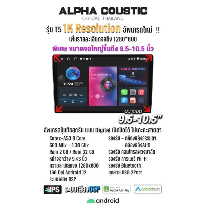 จอแอนดรอยด์ Alpha coustic รุ่นT3 4core ,รุ่น T5 1K 8core