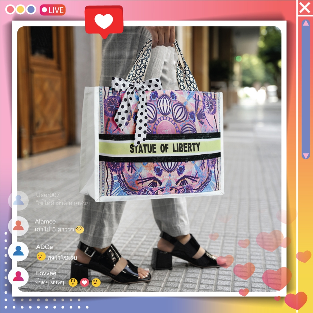กระเป๋าผ้าแคนวาสลายสกรีนคมชัด แถมฟรีผ้าผูกโบว์ TOTE BAG สไตล์เกาหลีญี่ปุ่นสำหรับผู้หญิง ขนาด 36x28 cm.