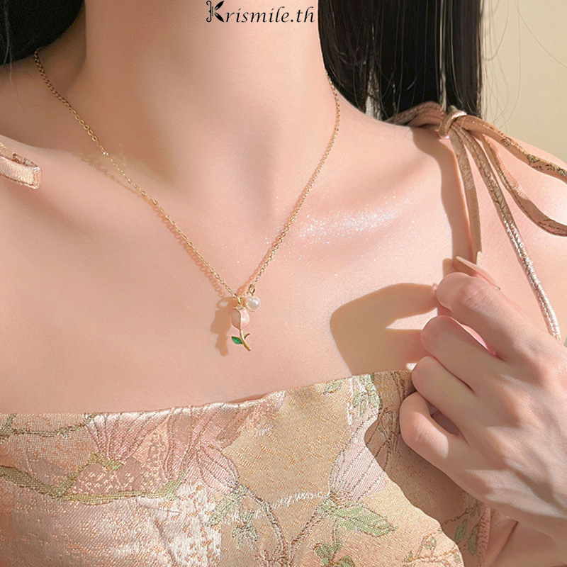 COD-ในไทย💖2024ใหม่สร้อยคอ จี้ดอกทิวลิปประดับไข่มุกประดับพู่ ปรับขนาดได้ แฟชั่นย้อนยุค สไตล์เกาหลี นักเรียนสำหรับผู้หญิง-