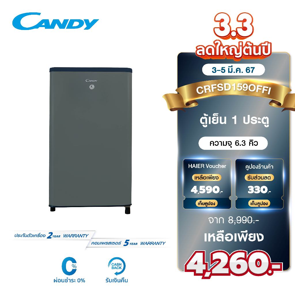 #ตู้เย็นCANDY #ตู้เย็น1ประตู #ความจุขนาดใหญ่ #คุณสมบัติครบครัน #รับประกันเครื่องและอะไหล่